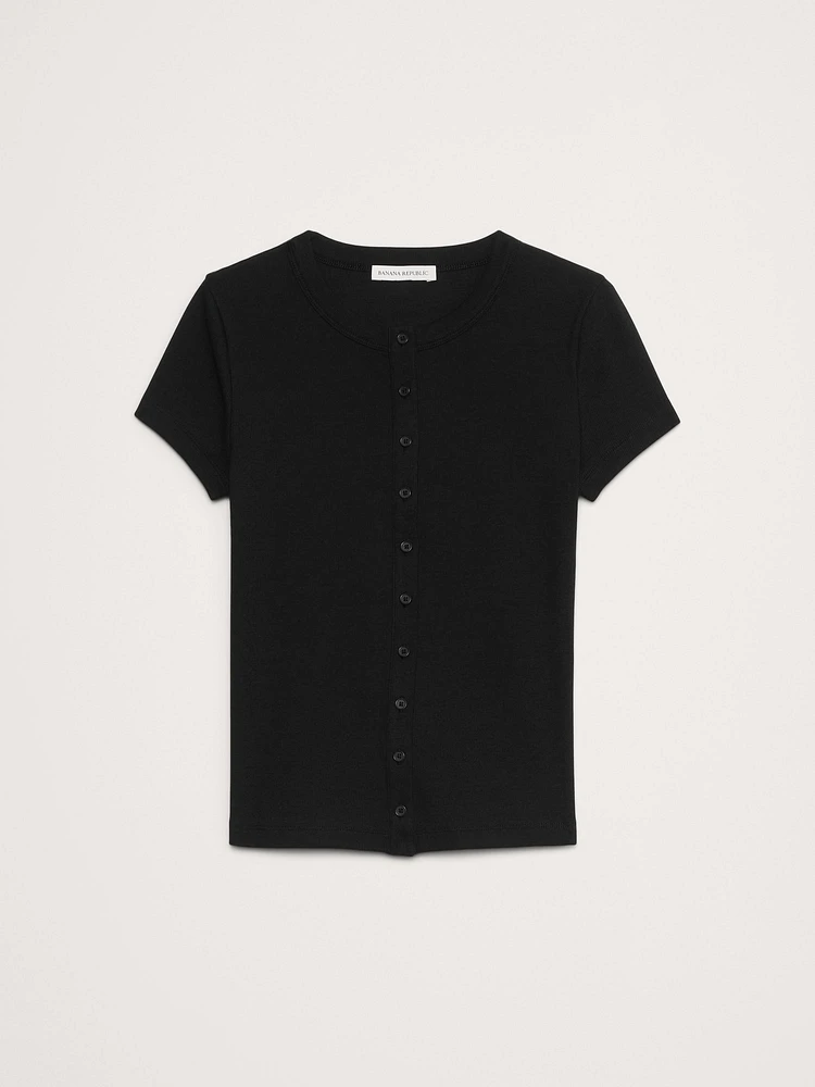 Ribbed Short-Sleeve Button-Down Top