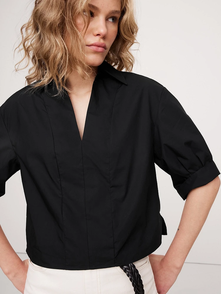 Balloon-Sleeve Cotton Poplin Popover Top
