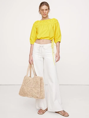 Cotton Poplin Ruched Bubble-Hem Top
