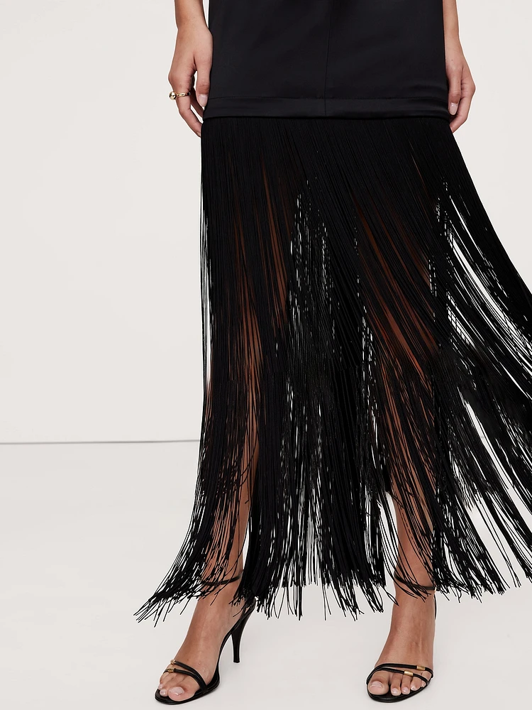Fringe Stretch-Satin V-Neck Maxi Dress