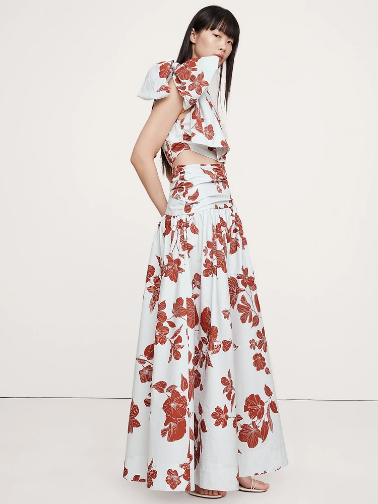 Stretch-Cotton Poplin One-Shoulder Drop-Waist Maxi Dress
