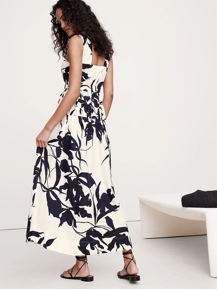 Cotton Poplin Ruched Drop-Waist Maxi Dress