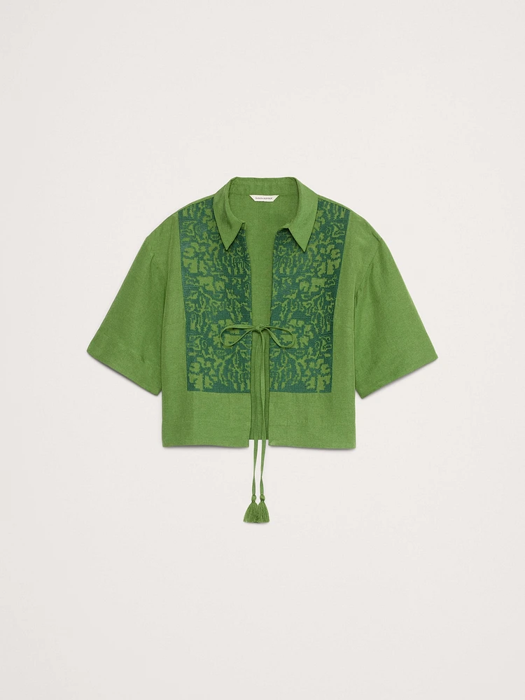 Embroidered Tencel™-Linen Tie-Front Top