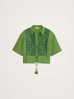 Embroidered Tencel™-Linen Tie-Front Top