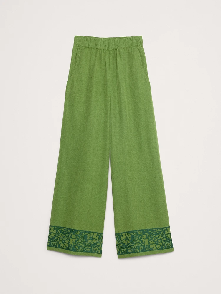 High-Rise Wide-Leg Embroidered Tencel™-Linen Pull-On Pant