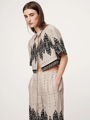 Linen Tie-Front Cropped Shirt