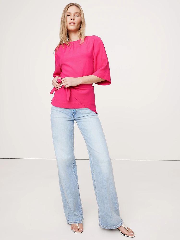 Viscose-Linen Dupioni Tie-Waist Top