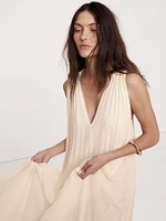 Pleated Georgette Open-Back Long Midi Dress