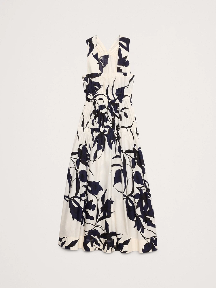 Cotton Poplin Ruched Drop-Waist Maxi Dress