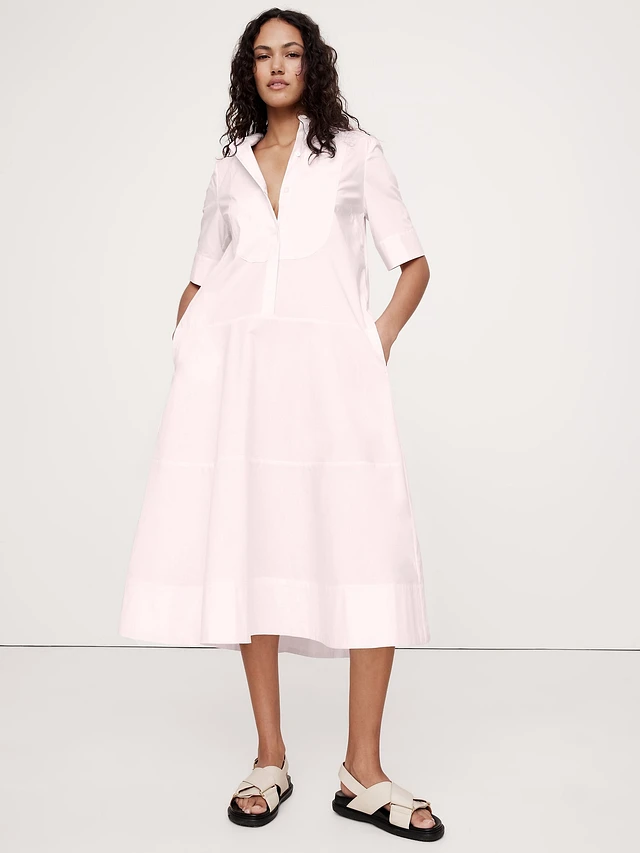Cotton Poplin Tuxedo-Front Midi Dress