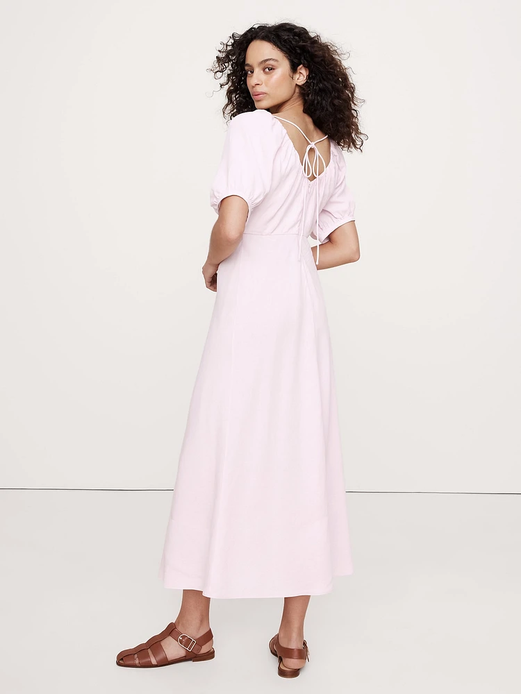Viscose-Linen Dupioni Ruched Long Midi Dress