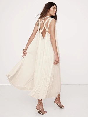 Pleated Georgette Open-Back Long Midi Dress