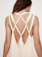 Pleated Georgette Open-Back Long Midi Dress