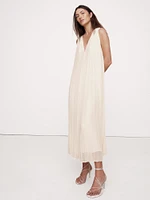 Pleated Georgette Open-Back Long Midi Dress