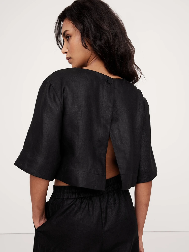 Linen Boat-Neck Cropped Top