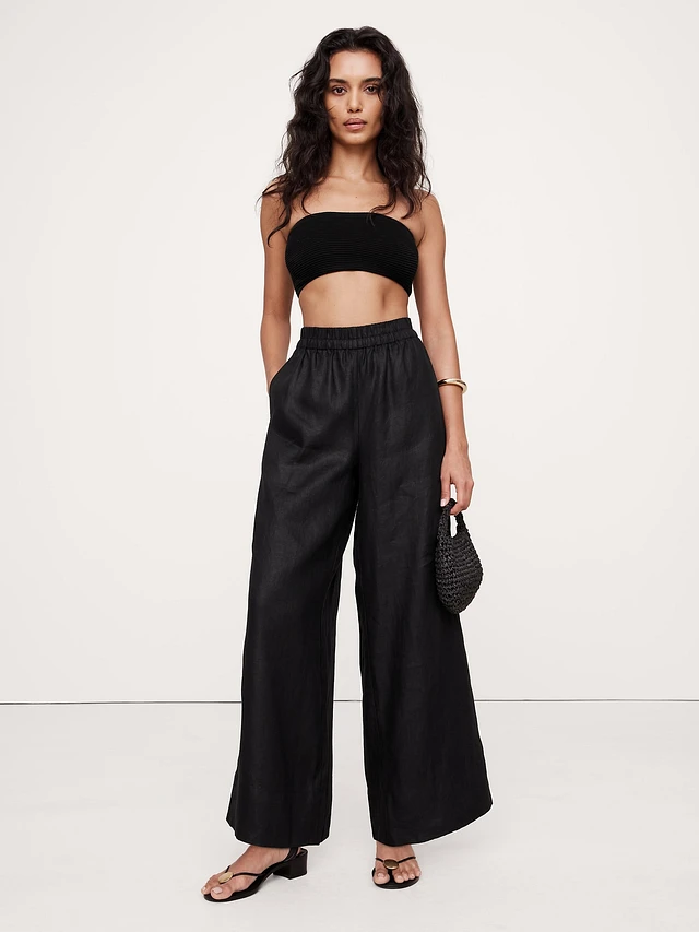 Wide-Leg Pull-On Linen Ankle Pant
