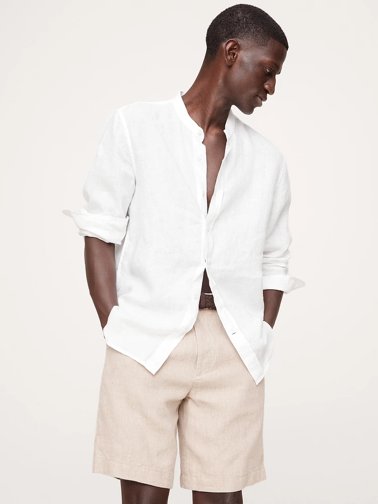Standard-Fit Linen Banded-Collar Shirt