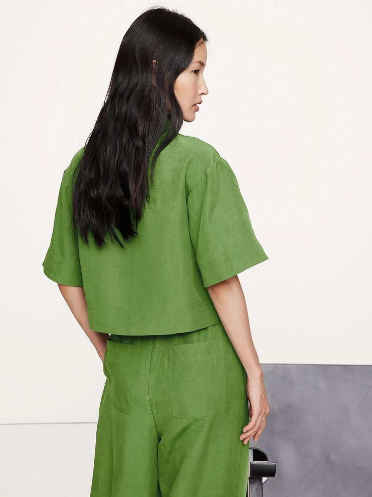 Embroidered Tencel™-Linen Tie-Front Top