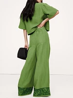 High-Rise Wide-Leg Embroidered Tencel™-Linen Pull-On Pant