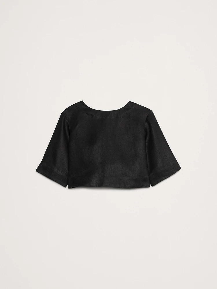 Linen Boat-Neck Cropped Top
