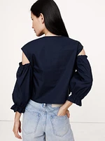 Cotton Poplin Puff-Sleeve Cropped Top