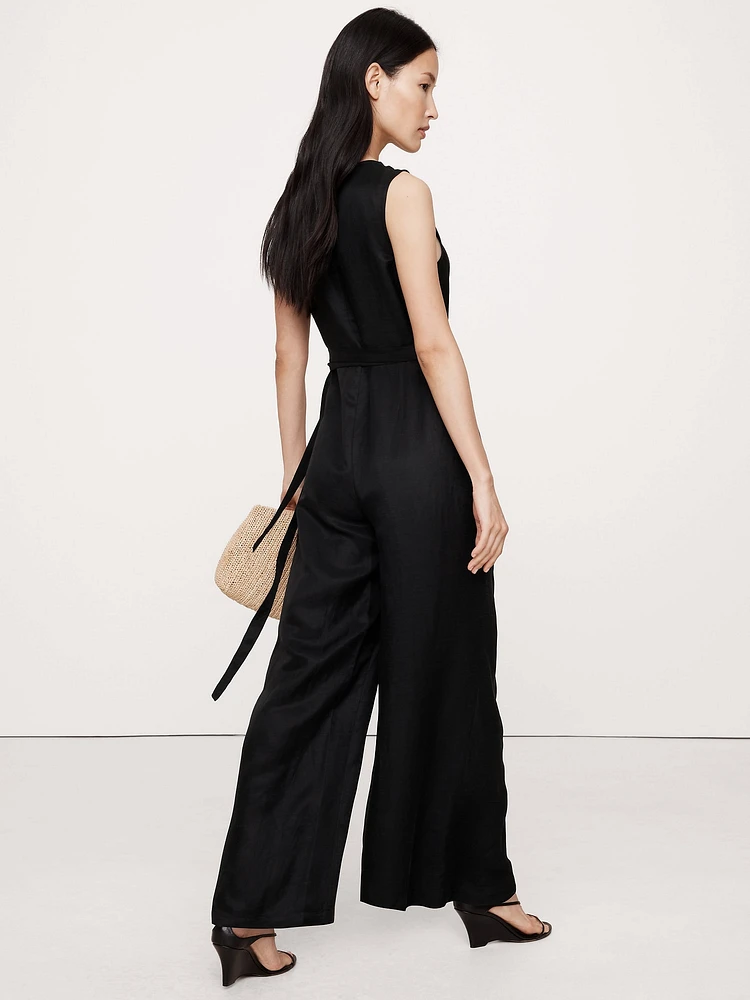Viscose-Linen Wrap-Front Jumpsuit