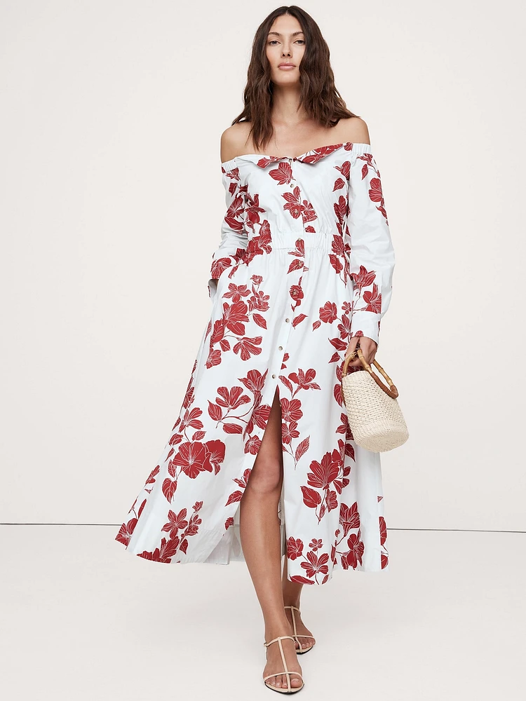 Cotton Poplin Off-the-Shoulder Long Midi Shirt Dress