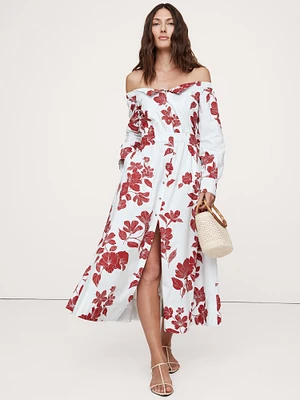 Cotton Poplin Off-the-Shoulder Long Midi Shirt Dress