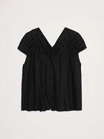 Oversized Linen Button-Front Drawstring Top