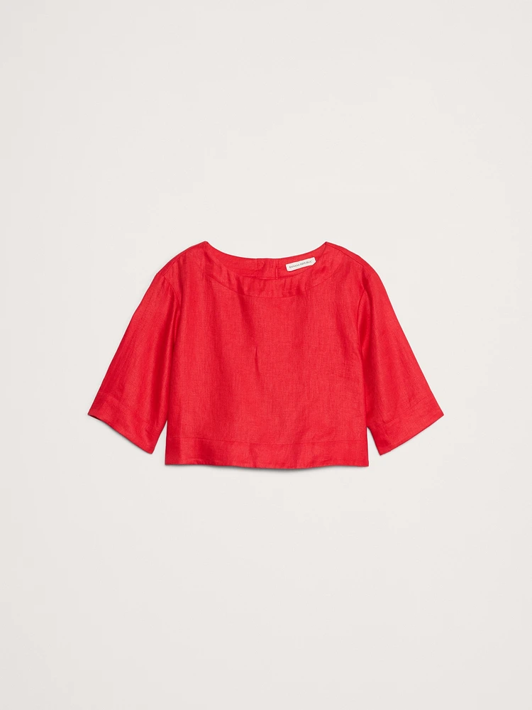 Linen Boat-Neck Cropped Top