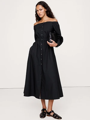 Cotton Poplin Off-the-Shoulder Long Midi Shirt Dress