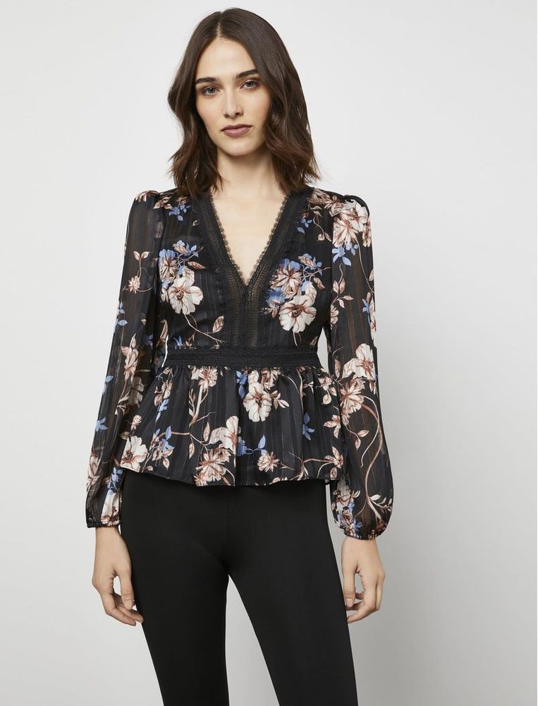 Blusa Manga Larga con Peplum Estampado Floral