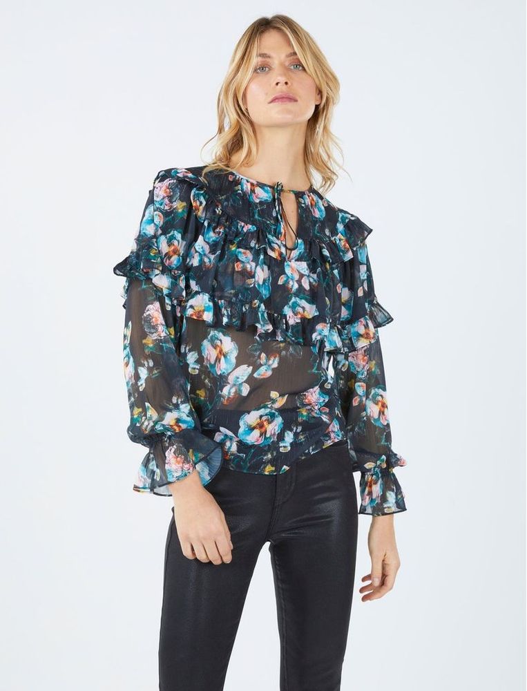 Blusa Manga Larga con Corbatín y Volantes Floral