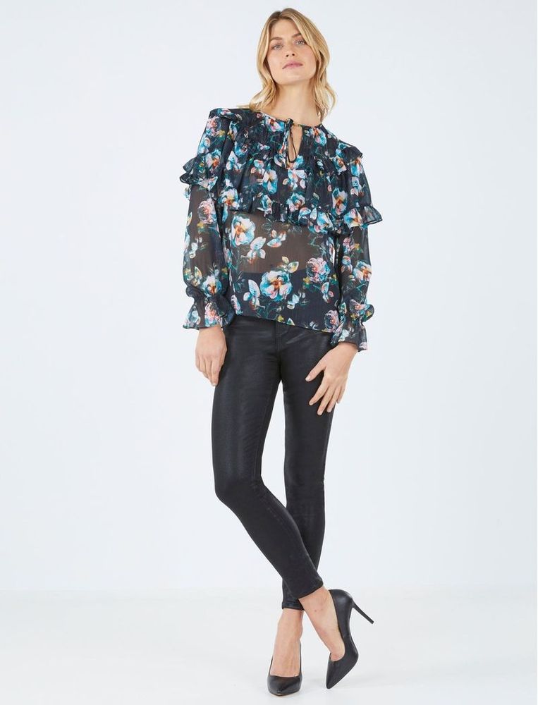 Blusa Manga Larga con Corbatín y Volantes Floral