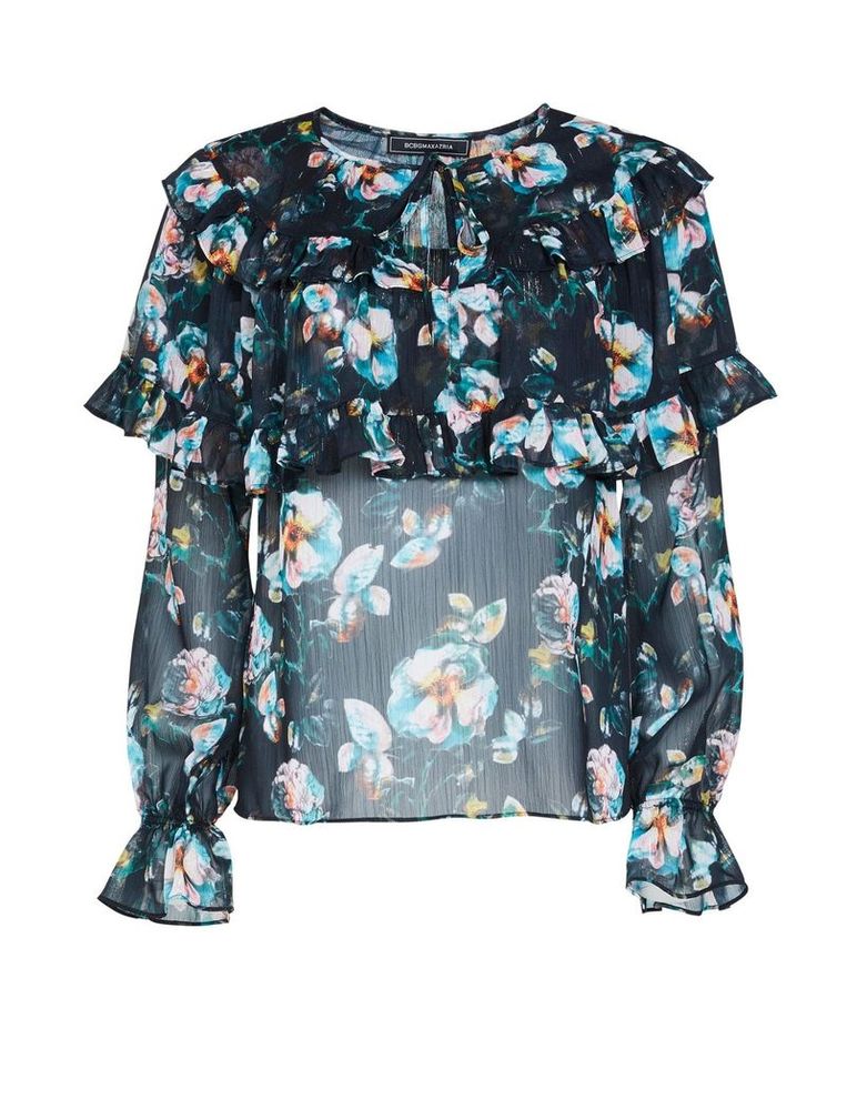 Blusa Manga Larga con Corbatín y Volantes Floral