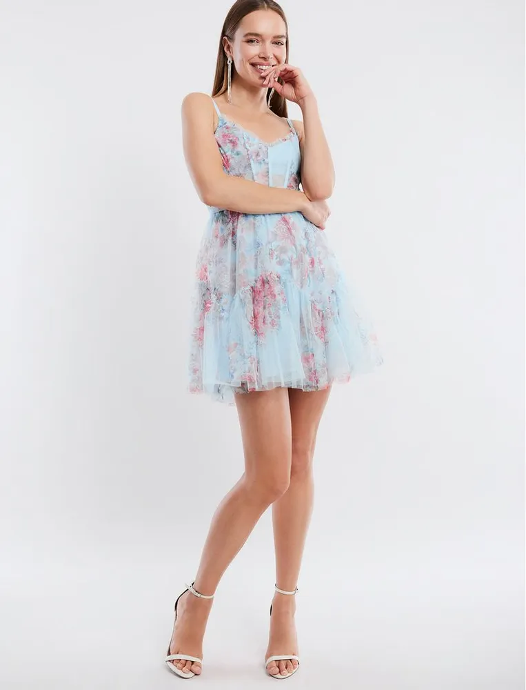 Vestido Corto de Noche Bustier Floral