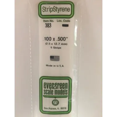 Evergreen #383 Styrene Strips: Dimensional 5 pack 0.100" (2.5mm) x 0.500" (12.7mm) x 24" (60cm)
