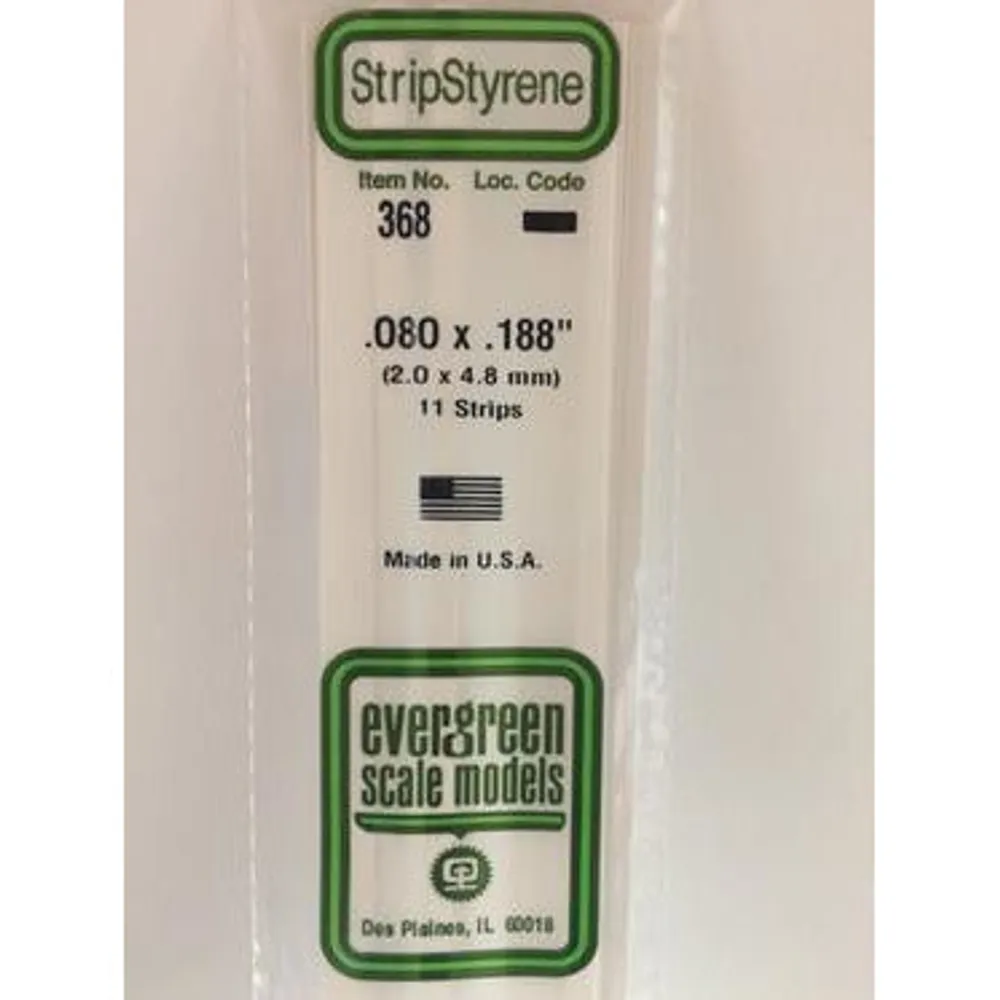 Evergreen #368 Styrene Strips: Dimensional 11 pack 0.080" (2.0mm) x 0.188" (4.8mm) x 24" (60cm)