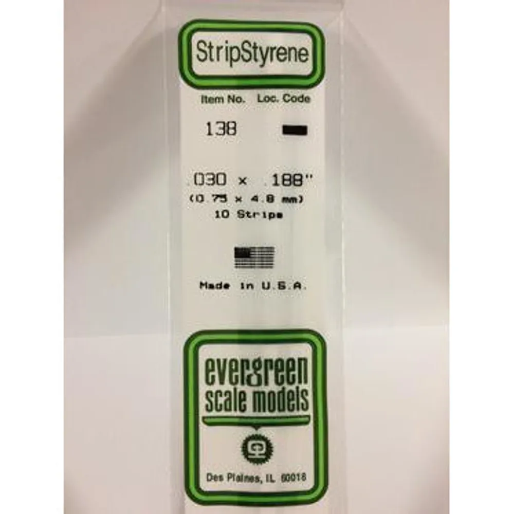 Evergreen #138 Styrene Strips: Dimensional 10 pack 0.030" (0.75mm) x 0.188" (4.8mm) x 14" (35cm)