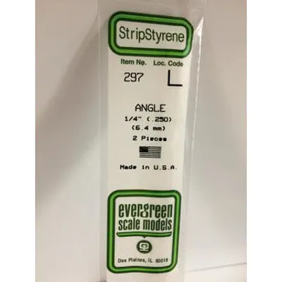 Evergreen #297 Styrene Shapes: Angle 2 pack 1/4", 0.250" (6.3mm) x 0.250" (6.3mm) x 0.029" (0.73mm) Thick