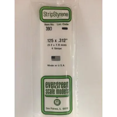 Evergreen #390 Styrene Strips: Dimensional 6 pack 0.125" (3.2mm) x 0.312" (7.9mm) x 24" (60cm)