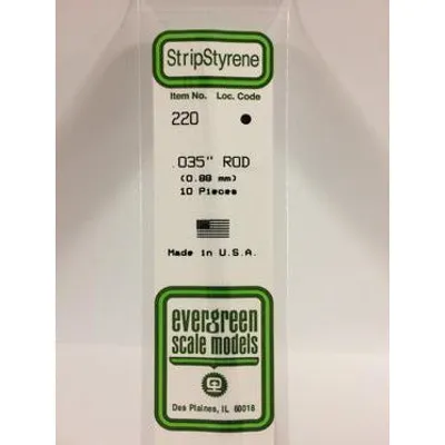 Evergreen #220 Styrene Rods: 10 pack 0.035" (0.88mm) OD x 14" (35cm)