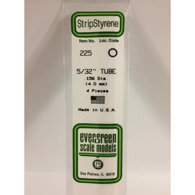 Evergreen #225 Styrene Tubes: Round 5/32" 4 pack 0.156" (4.0mm) OD x 14" (35cm)