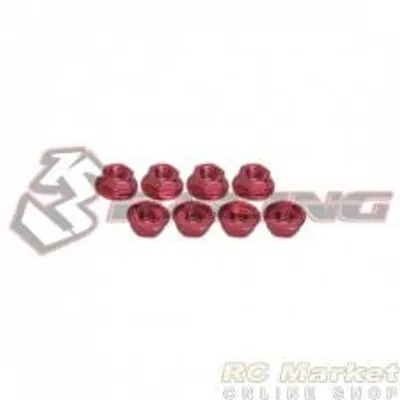 3RAC-NS40RE 4mm Aluminum Serrated Locknuts (8pcs) Red