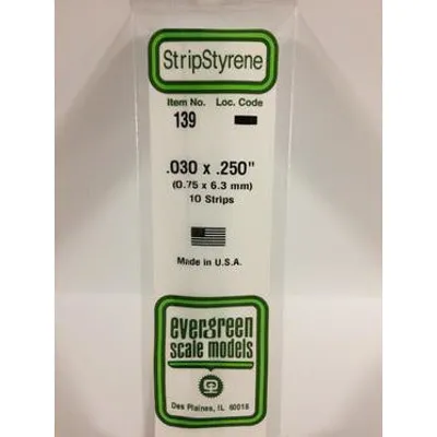 Evergreen #139 Styrene Strips: Dimensional 10 pack 0.030" (0.75mm) x 0.250" (6.3mm) x 14" (35cm)