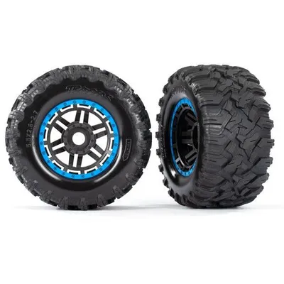 Traxxas Tires & wheels, assembled, glued (black, blue beadlock style wheels, Maxx MT tires, foam inserts) (2) (17mm splined) (TSM rated)