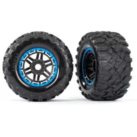 Traxxas Tires & wheels, assembled, glued (black, blue beadlock style wheels, Maxx MT tires, foam inserts) (2) (17mm splined) (TSM rated)