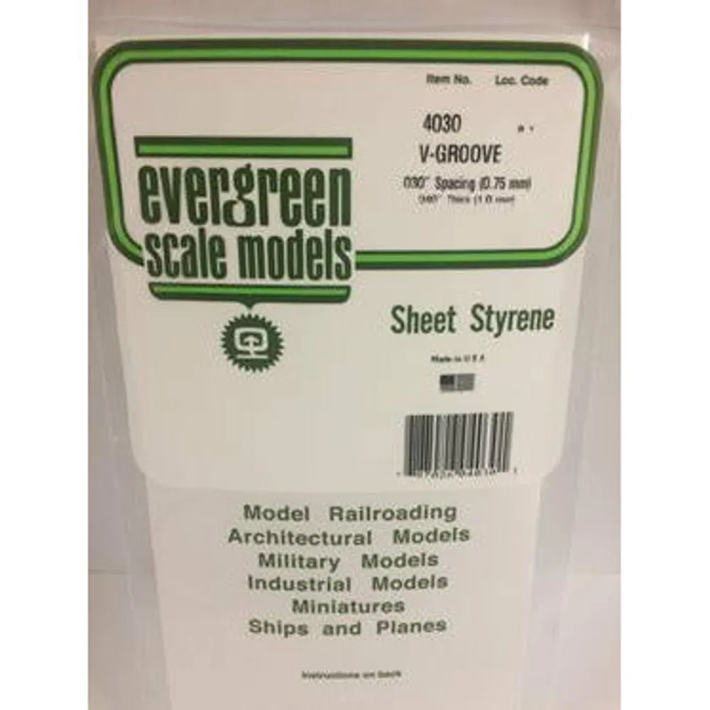 Evergreen #4030 Styrene Siding: 0.040" V-Groove 0.030" (0.75mm) Spacing 6" x 12"