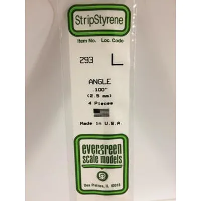 Evergreen #293 Styrene Shapes: Angle 4 pcs 0.100" (2.5mm) x 0.100" (2.5mm) x 0.018" (0.45mm) Thick