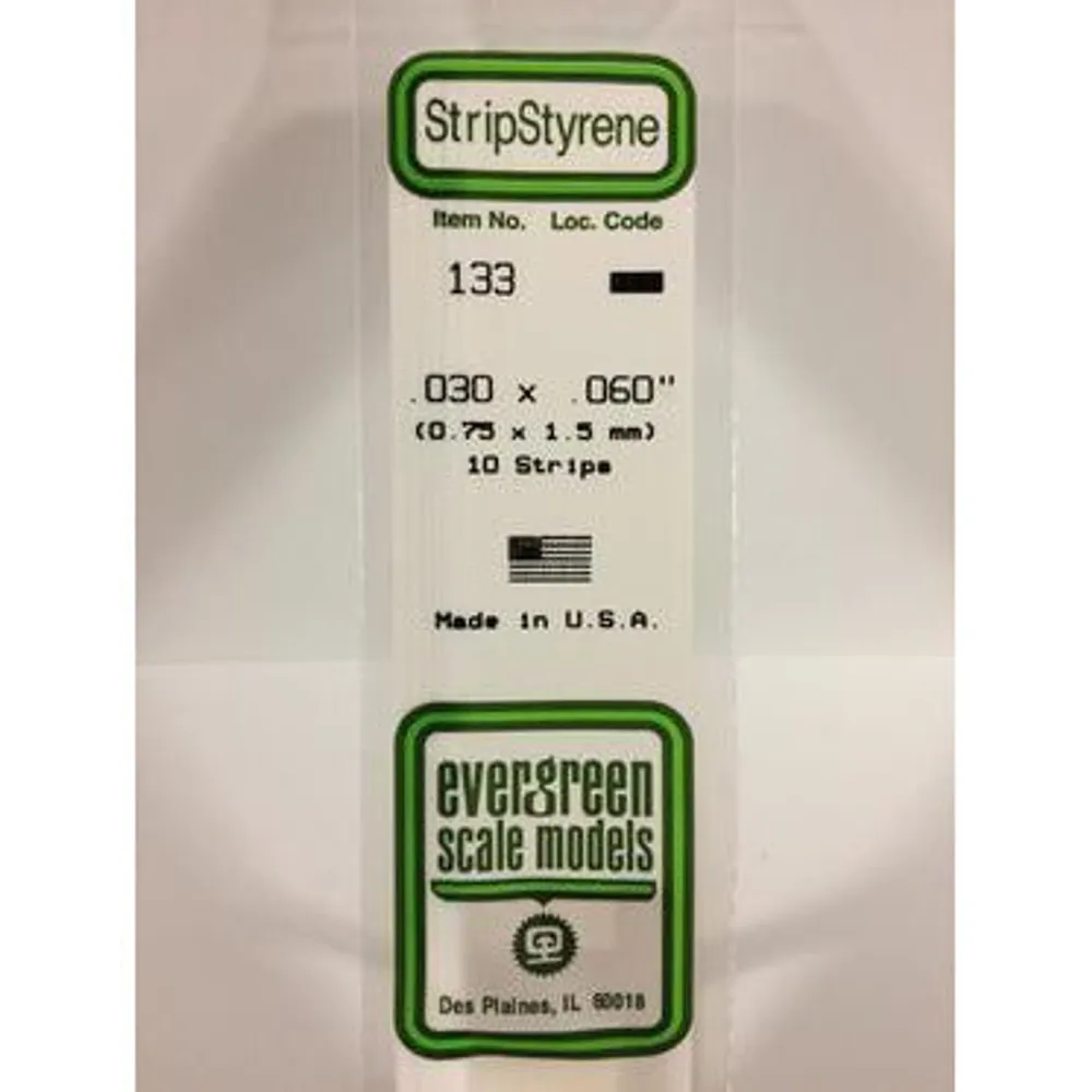 Evergreen #133 Styrene Strips: Dimensional 10 pack 0.030" (0.75mm) x 0.060" (1.5mm) x 14" (35cm)